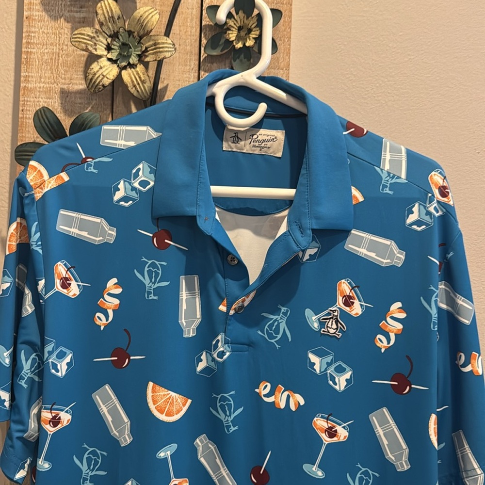 Penguin PGA Tour Blue Cocktail Pattern short sleeve Polo Shirt size large - Picture 2 of 7